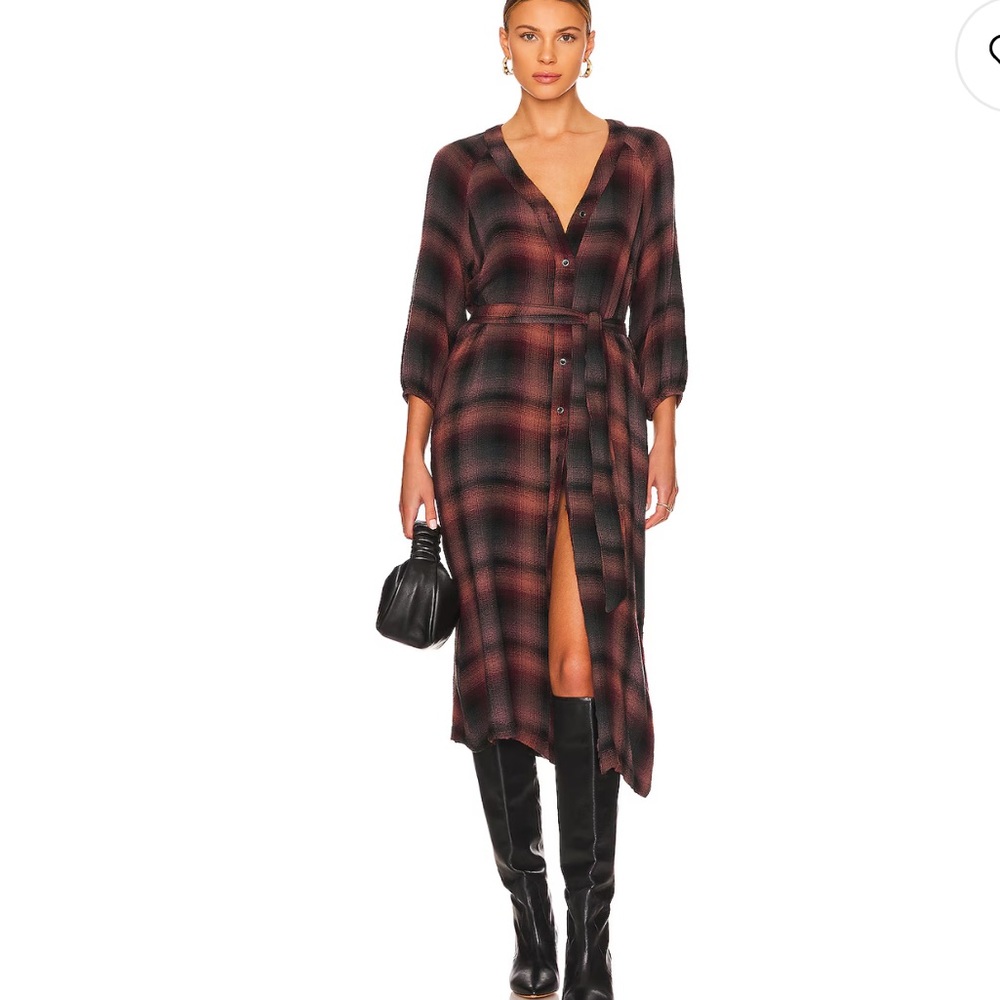 Bella Dahl Aurora Canyon Pucker Plaid V-Neck Button-Down Midi Tie Shirt Dress XS